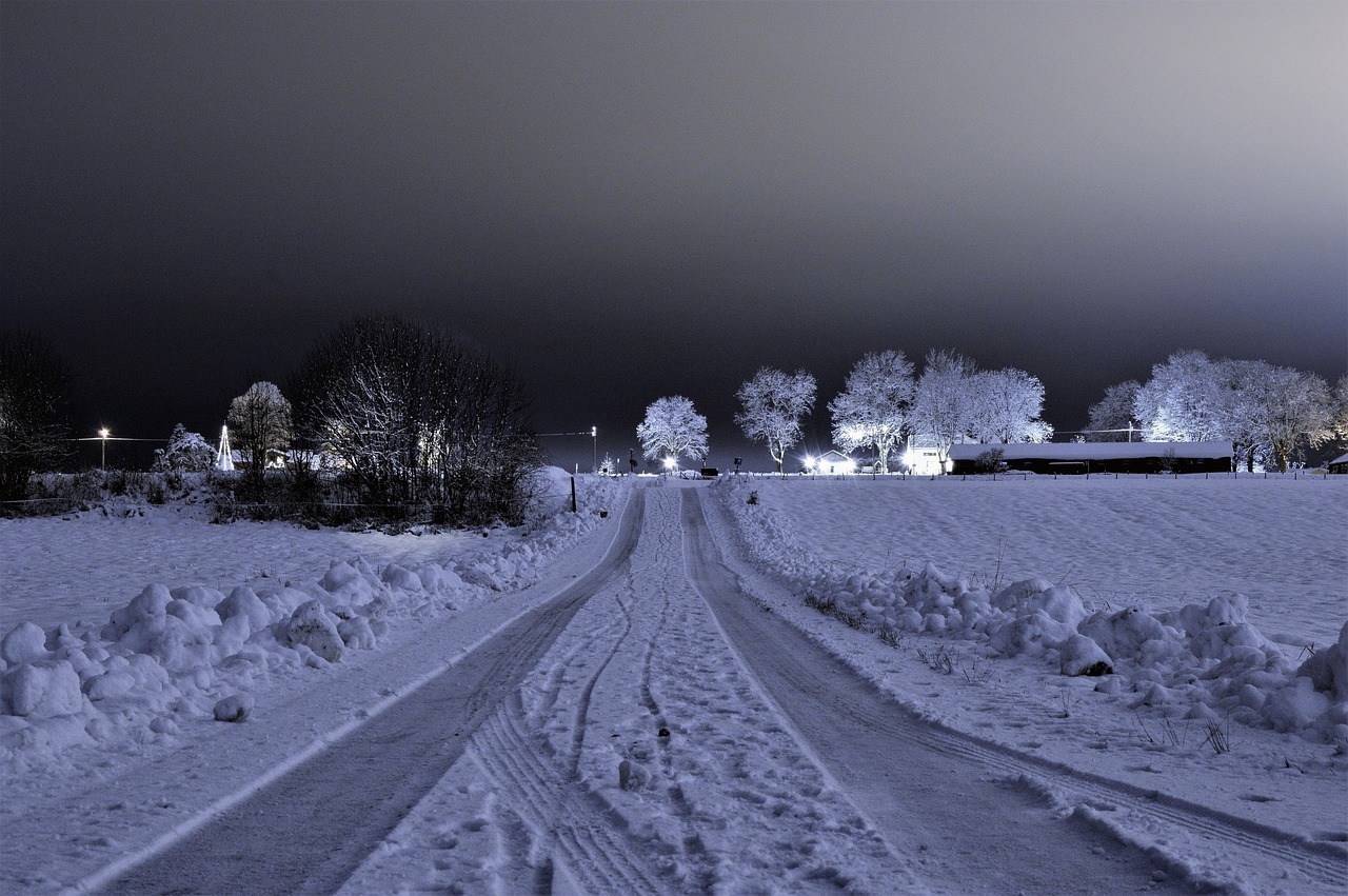 un paesaggio invernale ricoperto dalla neve e una strada dove ha transitato un'auto 